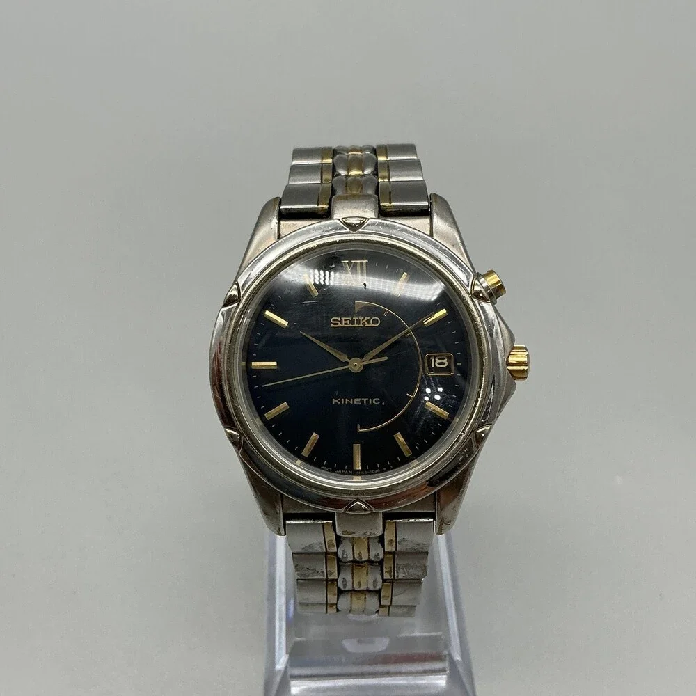 Seiko Kinetic Mens Watch 37mm Black Dial Two Tone Stainless 5M62-0C70 Date 7